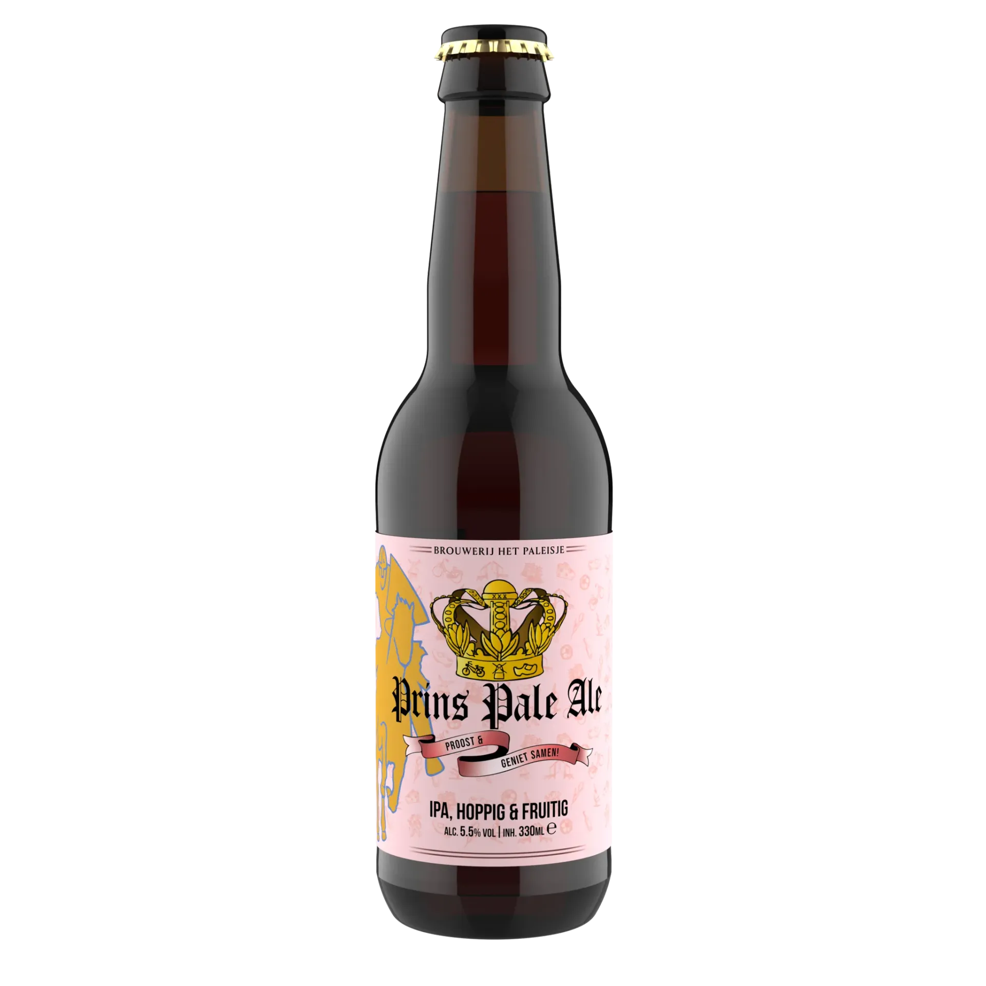 Bruine fles Prins Pale Ale bier met roze koninklijk etiket, hoppige en fruitige IPA van 5,5% met feestelijk bier karakter.