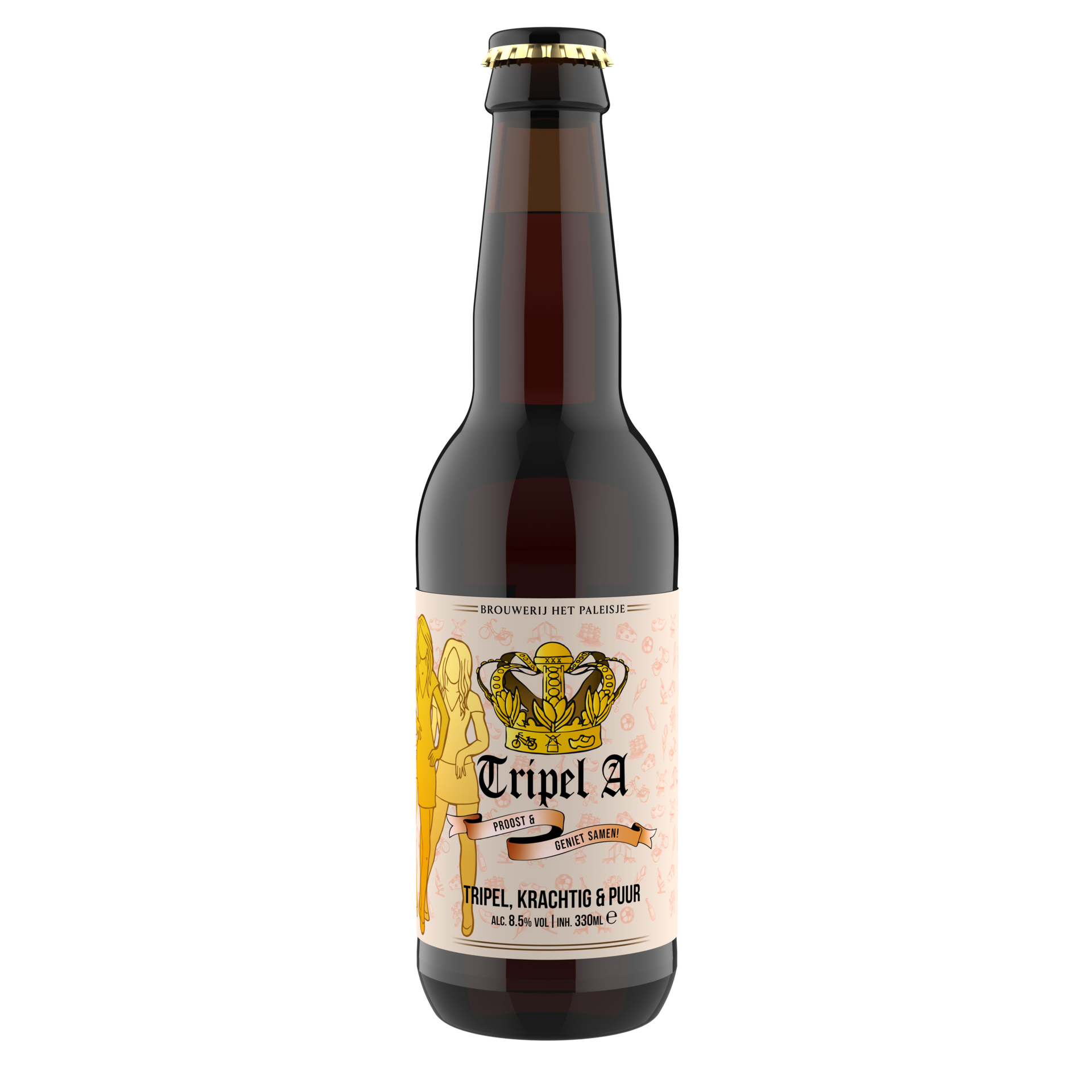 Fles Tripel A van Brouwerij Het Paleisje. Krachtige tripel met speels etiket, 8,5% alcohol en een pure afdronk vol karakter.