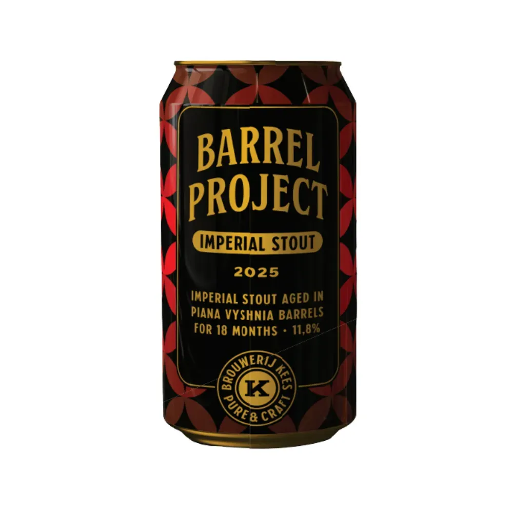 Blik Barrel Project 2025 bier van Brouwerij Kees, imperial stout van 11,8% gerijpt op Piana Vyshnia-vaten