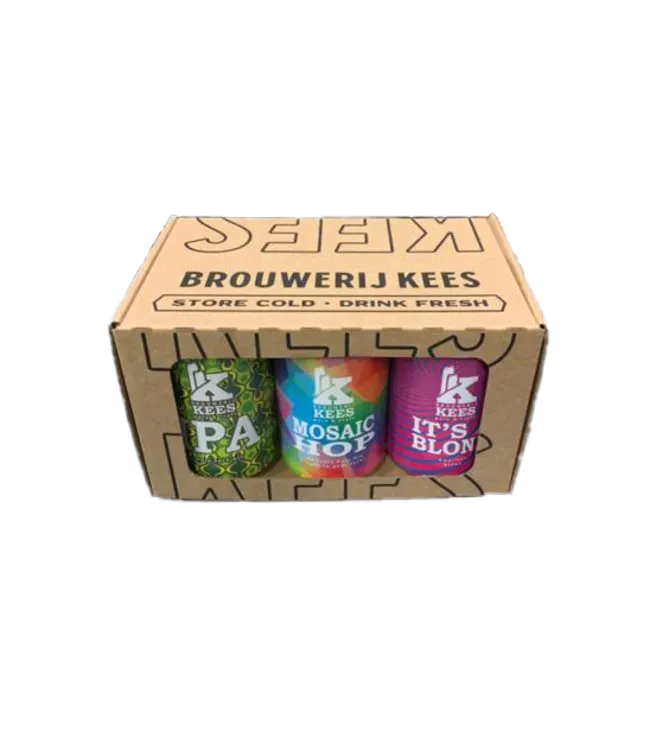 Brouwerij Kees bier pakket met 3 kleurrijke blikken – IPA, Mosaic Hop en It’s Blond bier in kartonnen doos