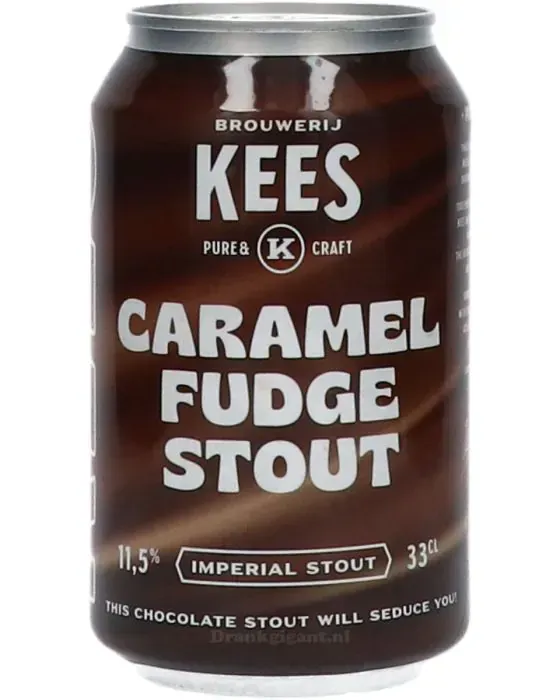 Blik Caramel Fudge Stout bier van Brouwerij Kees, 11,5% imperial stout met chocolade en karamel