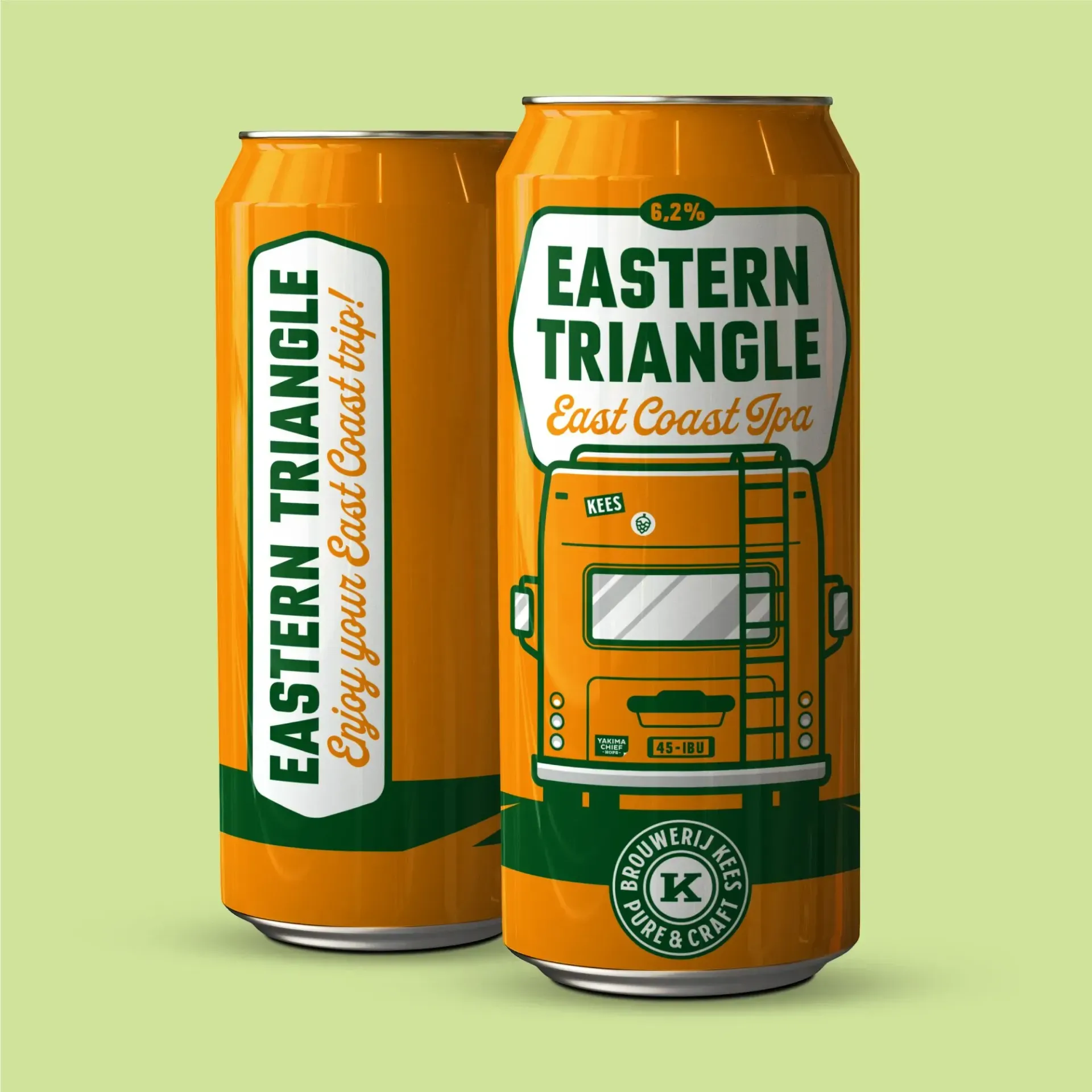 Blik Eastern Triangle East Coast IPA bier van Brouwerij Kees met oranje busdesign, fris en tropisch bier van 6,2%