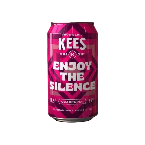 Roze blik quadrupel bier van Kees met tekst ‘Enjoy the Silence’, 11,5% vol , krachtig speciaal bier met karakter