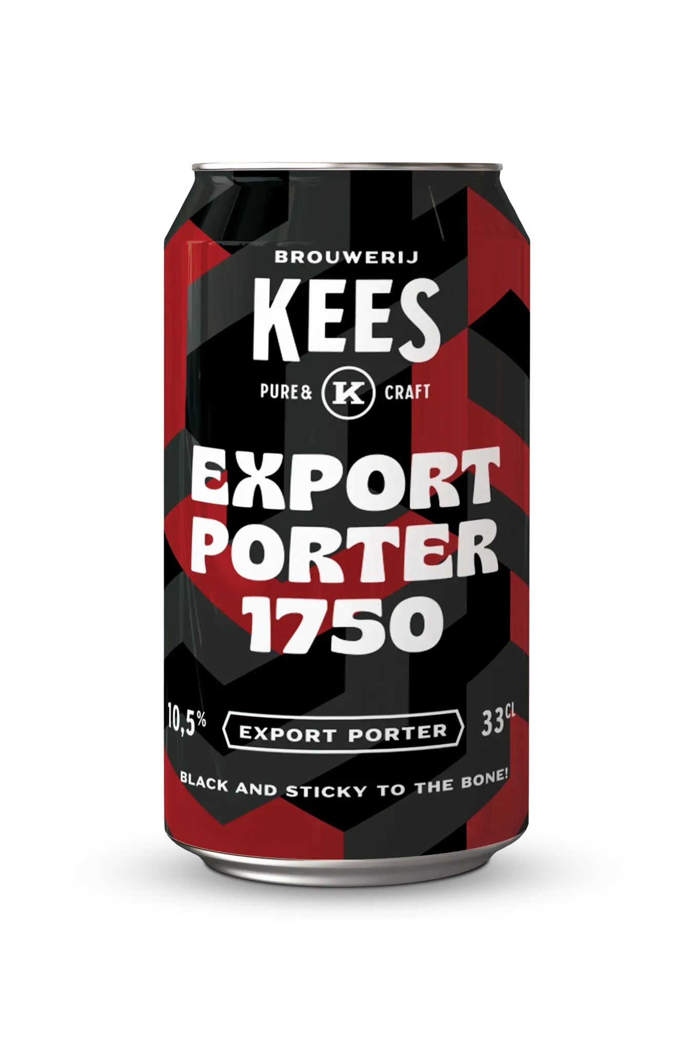 Blik bier KEES Export Porter 1750, 33cl met modern rood-zwart design en opschrift “Black and sticky to the bone”10,5% alcohol