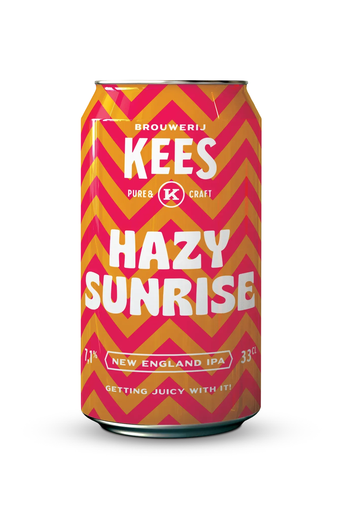 Roze-oranje blik Hazy Sunrise bier van Brouwerij Kees, juicy New England IPA bier met 7,1% alcohol en vrolijk zigzagdesign.