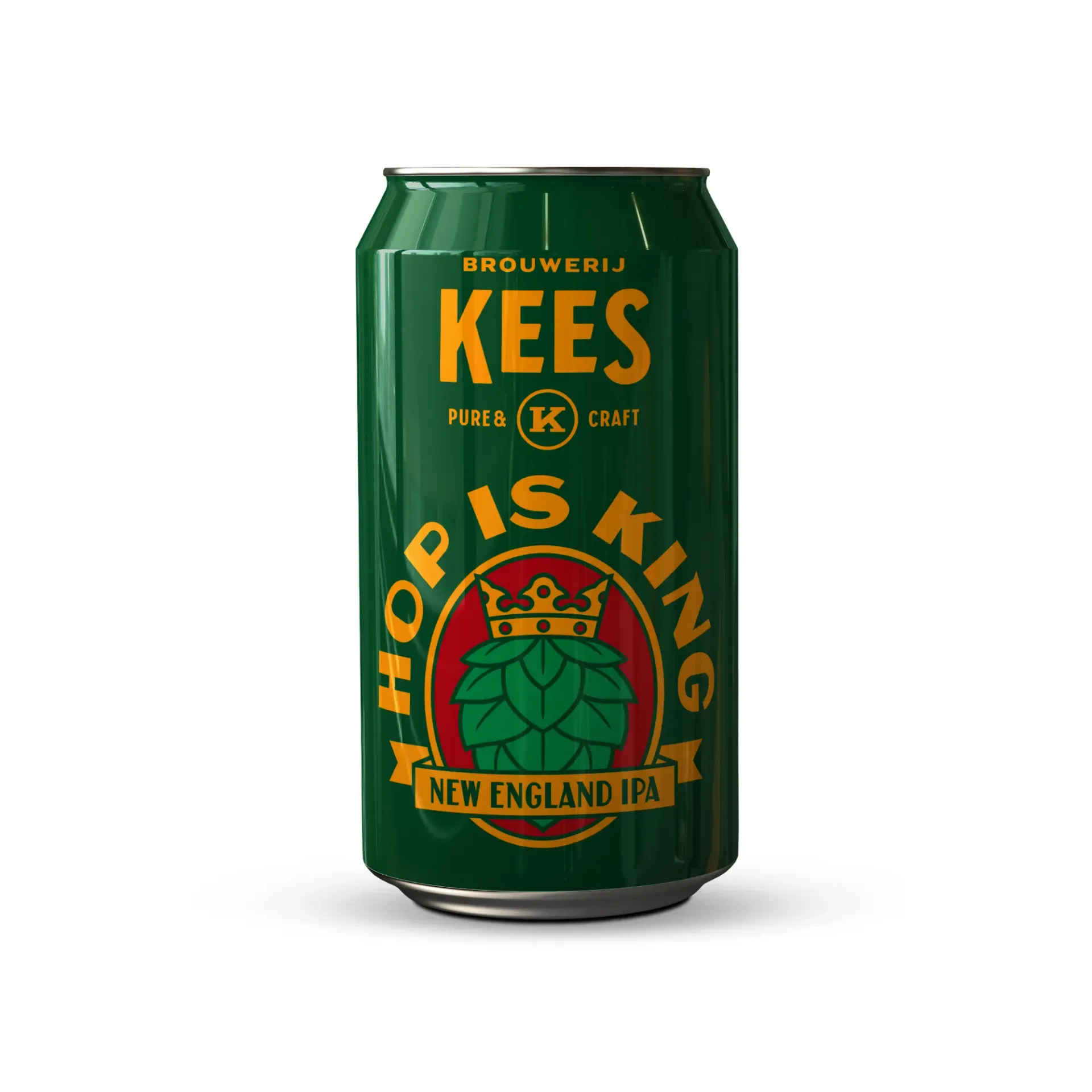 Groen bier blik van Kees met gele letters en koninklijke hop op het etiket – een New England IPA bier met krachtige hoptonen.