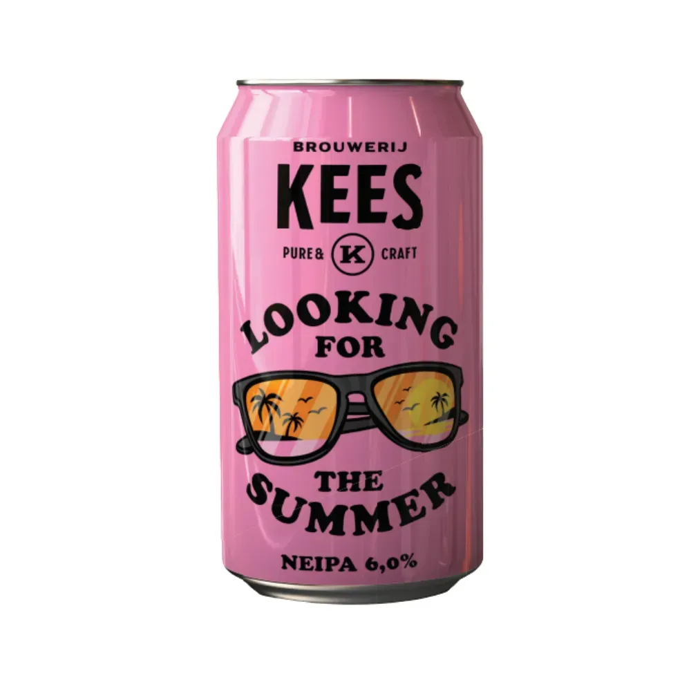 Roze blik bier van Brouwerij Kees met zonnebril en de tekst Looking for the Summer NEIPA 6,0%.