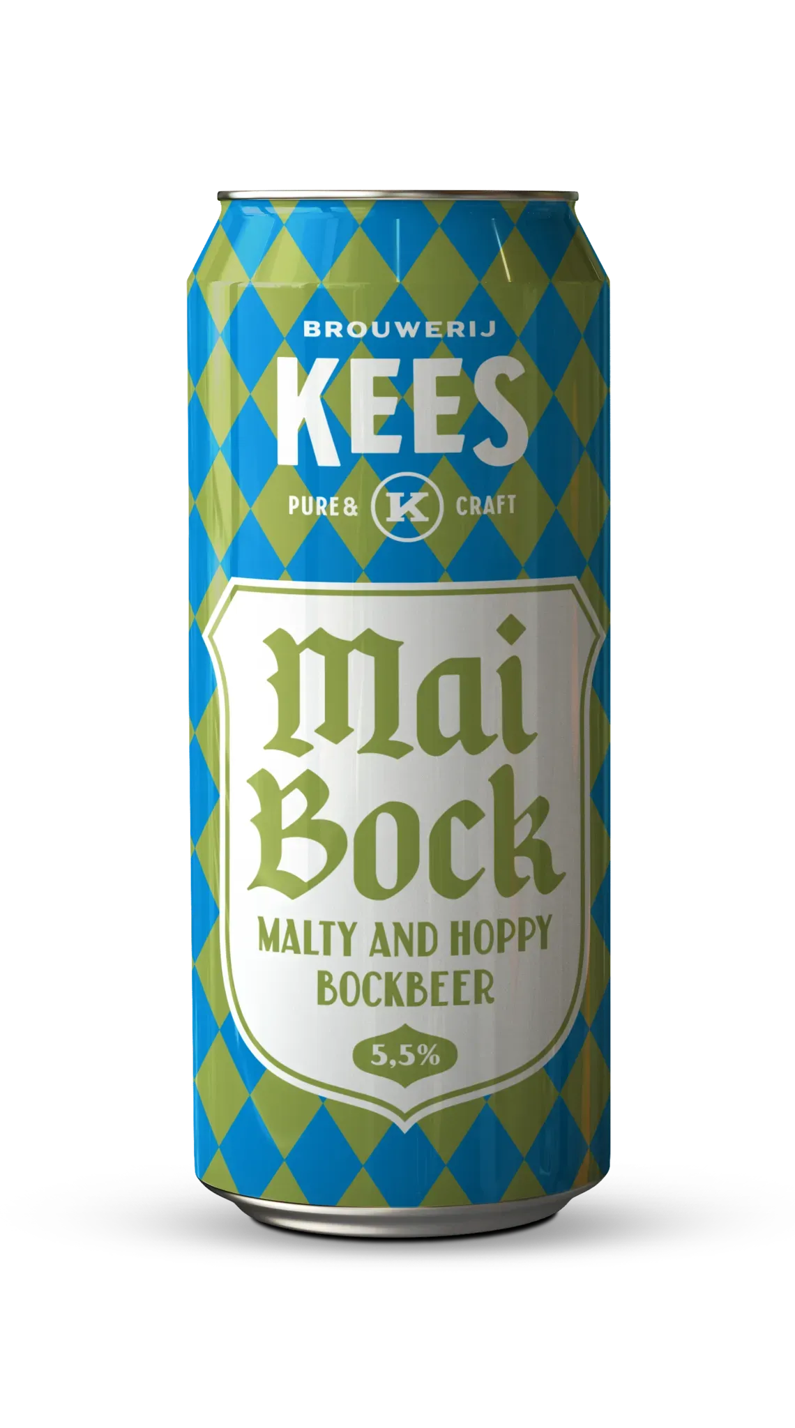 Kees Mai Bock bier in blauw-geel geruit bier blik – moutig en hoppig bockbier van 5,5% in lenteachtige stijl