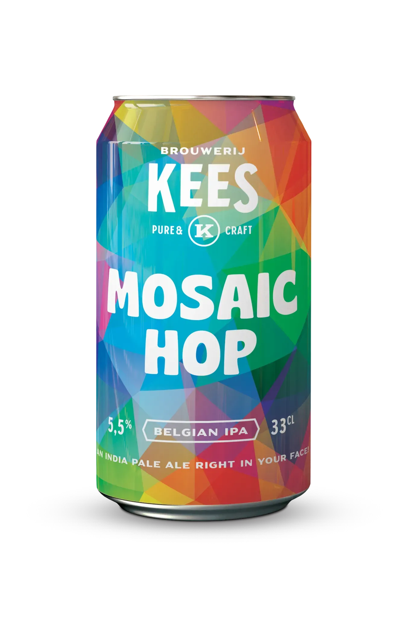 Kleurrijk blik Mosaic Hop bier van Brouwerij Kees, Belgian IPA met 5,5% alcohol, hoparoma en levendige bier stijl.