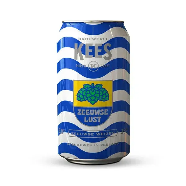 Blik Zeeuwse Lust Weizen bier van Brouwerij Kees met blauwe golven en geel-blauw hoplogo