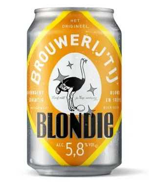 Blondie blond bier van Brouwerij ’t IJ in zilver- en oranjekleurig blik met struisvogel.