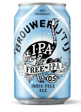 Blik bier Free IPA 0.5% van Brouwerij ’t IJ met lichtblauw etiket en struisvogel, alcoholarm bier met frisse hoppigheid