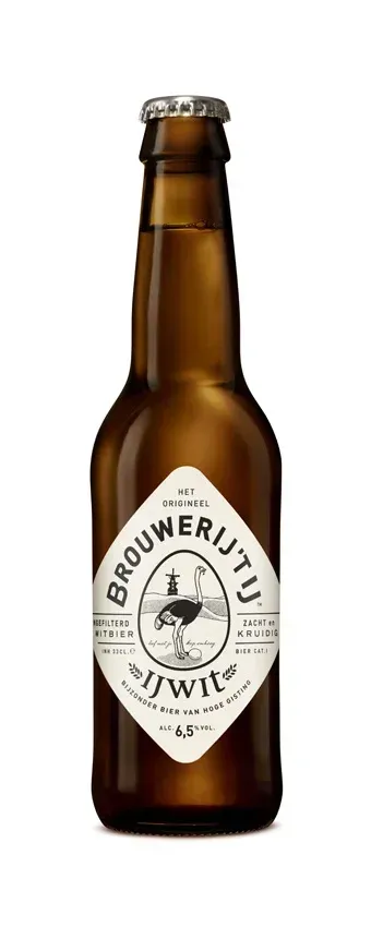IJwit bier van Brouwerij ’t IJ in bruin flesje met ovaal wit etiket, 6,5% alcohol, kruidig en ongefilterd witbier