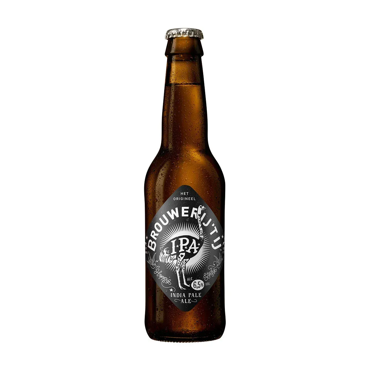 Fles IPA bier van Brouwerij ’t IJ met iconisch zwart etiket en struisvogel, krachtig en hoppig bier met 6,5% alcohol