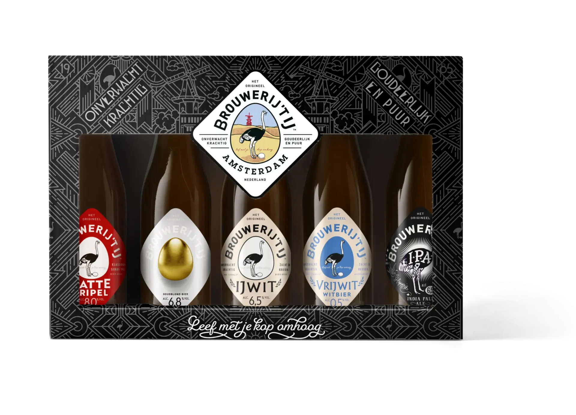 Brouwerij ’t IJ bier pakket met 5 flessen bier – Zatte, Goudblond, IJwit, Vrijwit en IPA bier in luxe zwarte doos