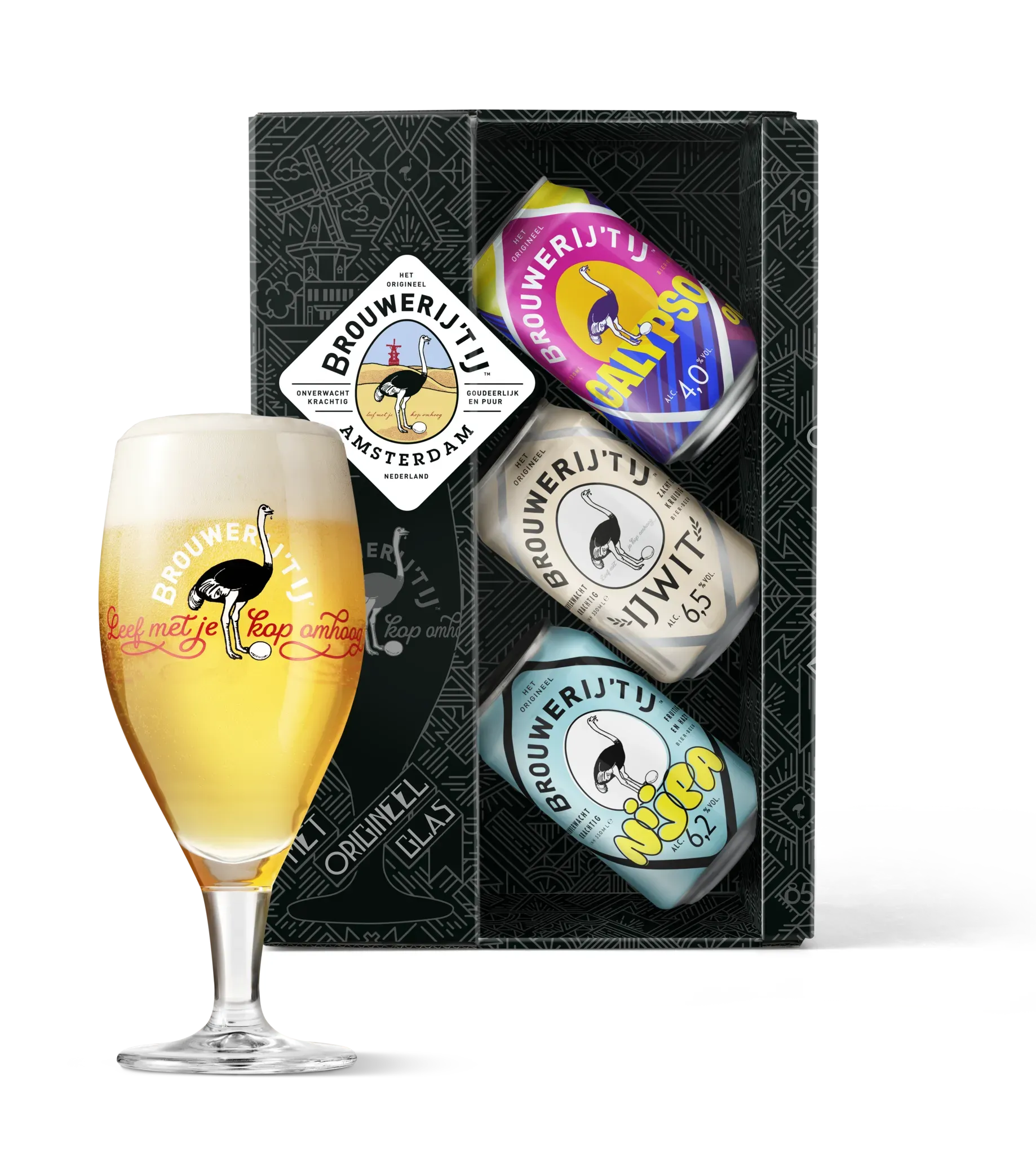 Brouwerij ’t IJ bier pakket met 3 bieren en glas – Calypso, IJwit en NIPA bier in blik, inclusief gegraveerd glas