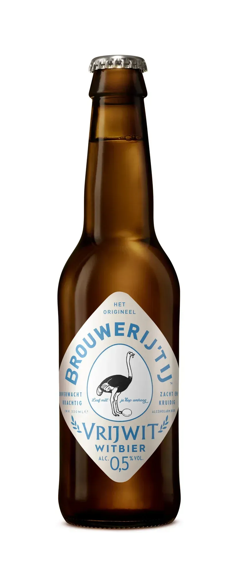 Vrijwit bier van Brouwerij ’t IJ  alcoholarm witbier in bruine bier fles met struisvogel op etiket en zachte, kruidige stijl