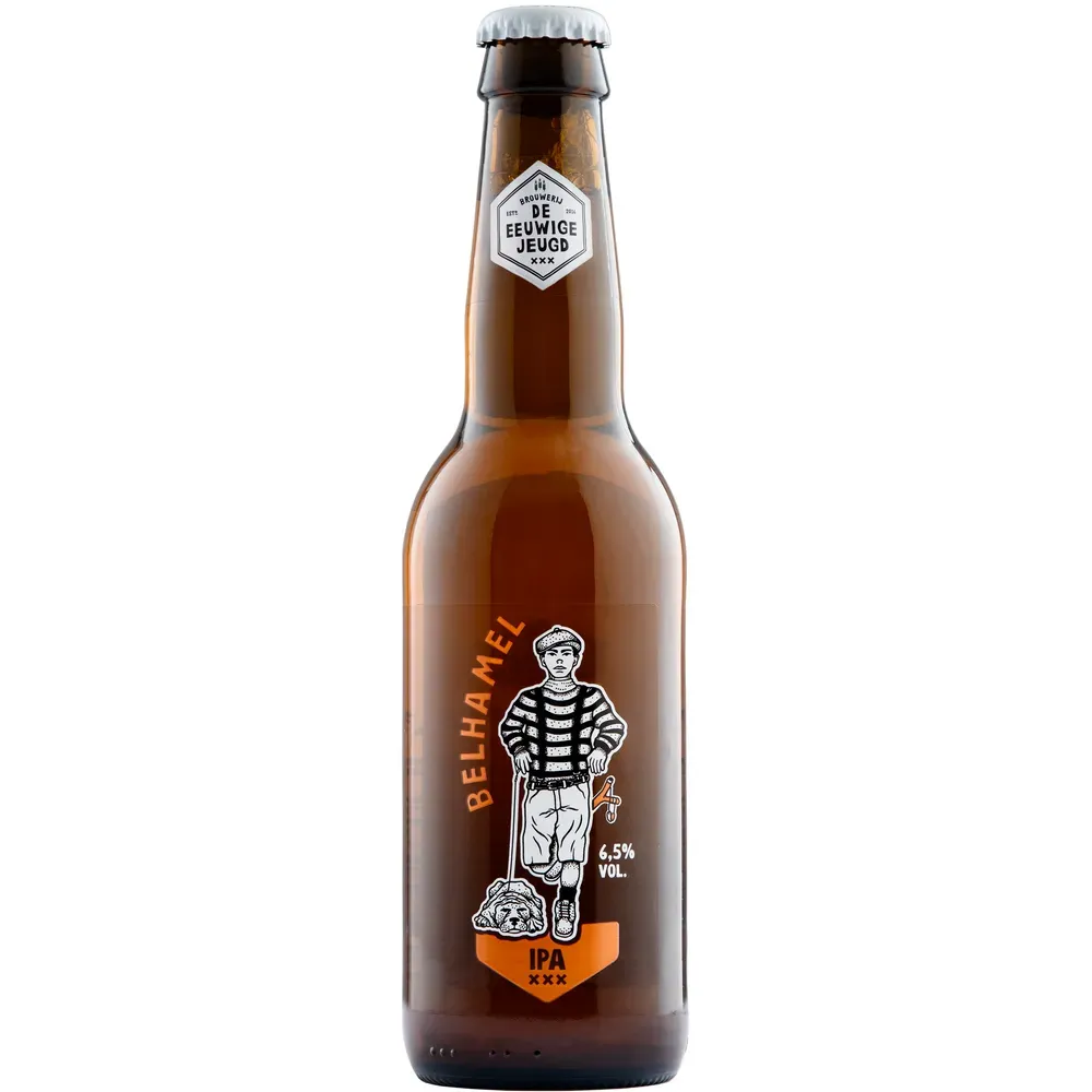 Bruine fles Belhamel bier van De Eeuwige Jeugd met speelse illustratie, IPA van 6,5% met karaktervol  bier profiel.