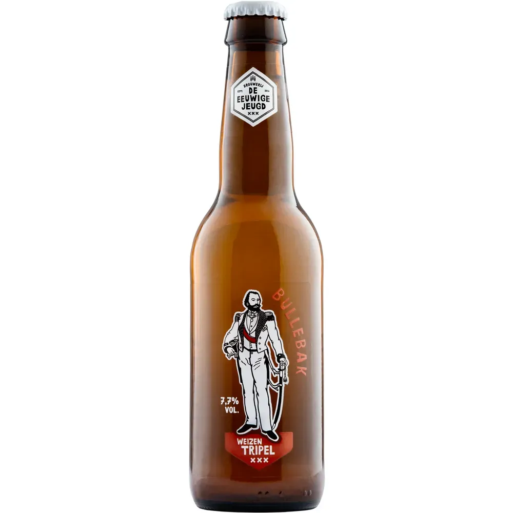 Fles Bullebak Weizen Tripel van De Eeuwige Jeugd. Stoer en kruidig tarwebier met 7,7% alcohol en een brutale uitstraling.