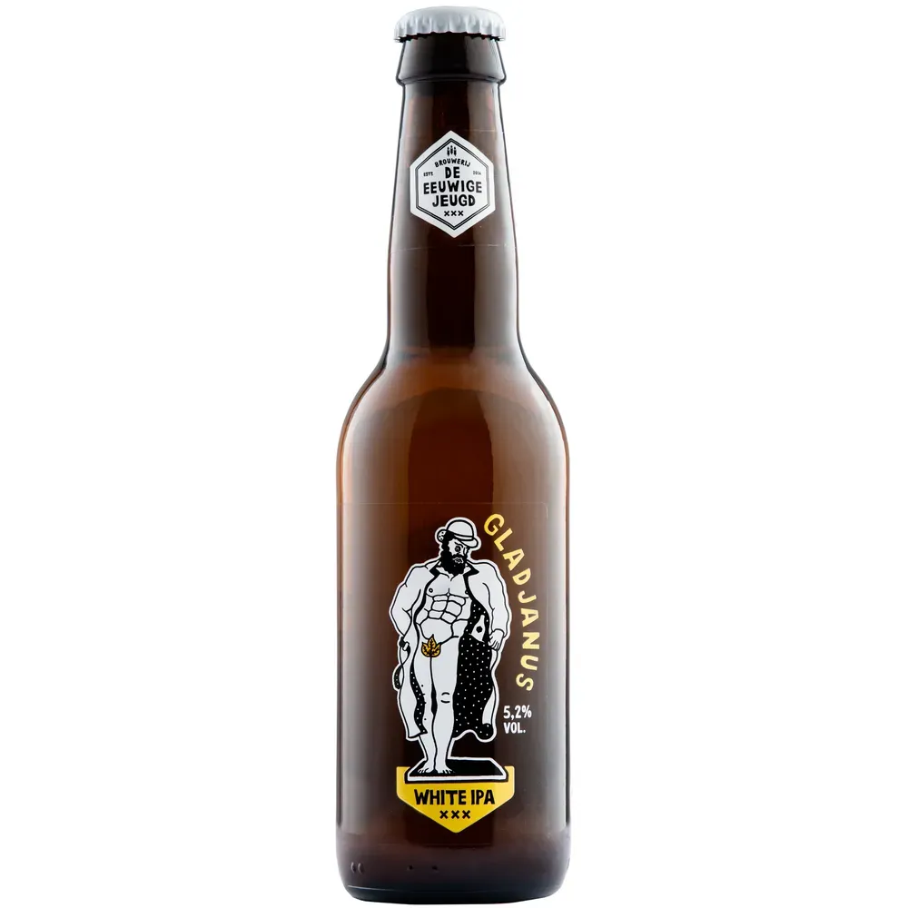 Bruin bier flesje White IPA bier met opvallende man in badjas op het etiket – Gladjanus van De Eeuwige Jeugd, 5,2%.
