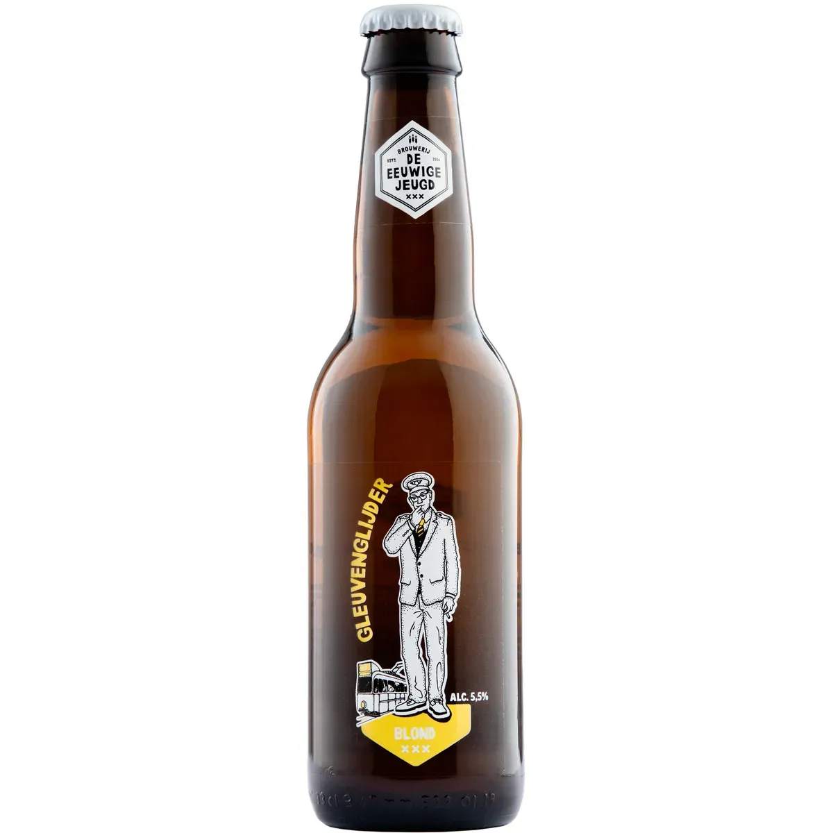 Fles Gleuvenglijder van De Eeuwige Jeugd. Blond bier met humoristisch design en speelse knipoog naar het OV-leven.