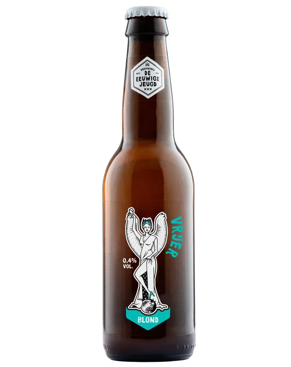 Vrijer bier van De Eeuwige Jeugd – alcoholarm blond bier in bruine fles met speelse engelillustratie en frisse, lichte stijl.