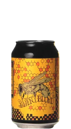 Blik blond bier met een vintage illustratie van een bij op een achtergrond met honingraatpatroon.