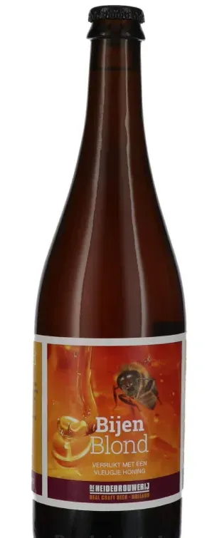 Amberkleurige fles met Bijen Blond bier, verrijkt met honing. Etiket met bij en honingdruppel.