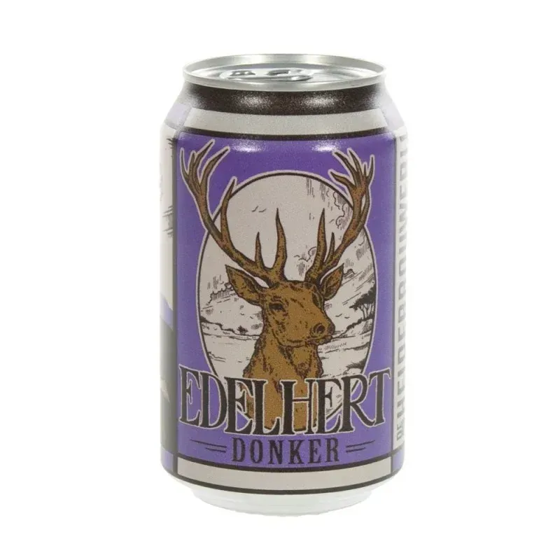 Edelhert Donker bier in paars bier blikje met illustratie van een hert met groot gewei op de voorkant