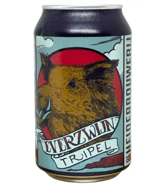 Blikje tripel bier van De Heidebrouwerij met tekening van wild zwijn en rode zon op stripachtig etiket