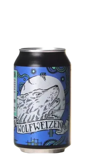 Blikje Wolfweizen bier met illustratie van huilende wolf voor volle maan op blauw label