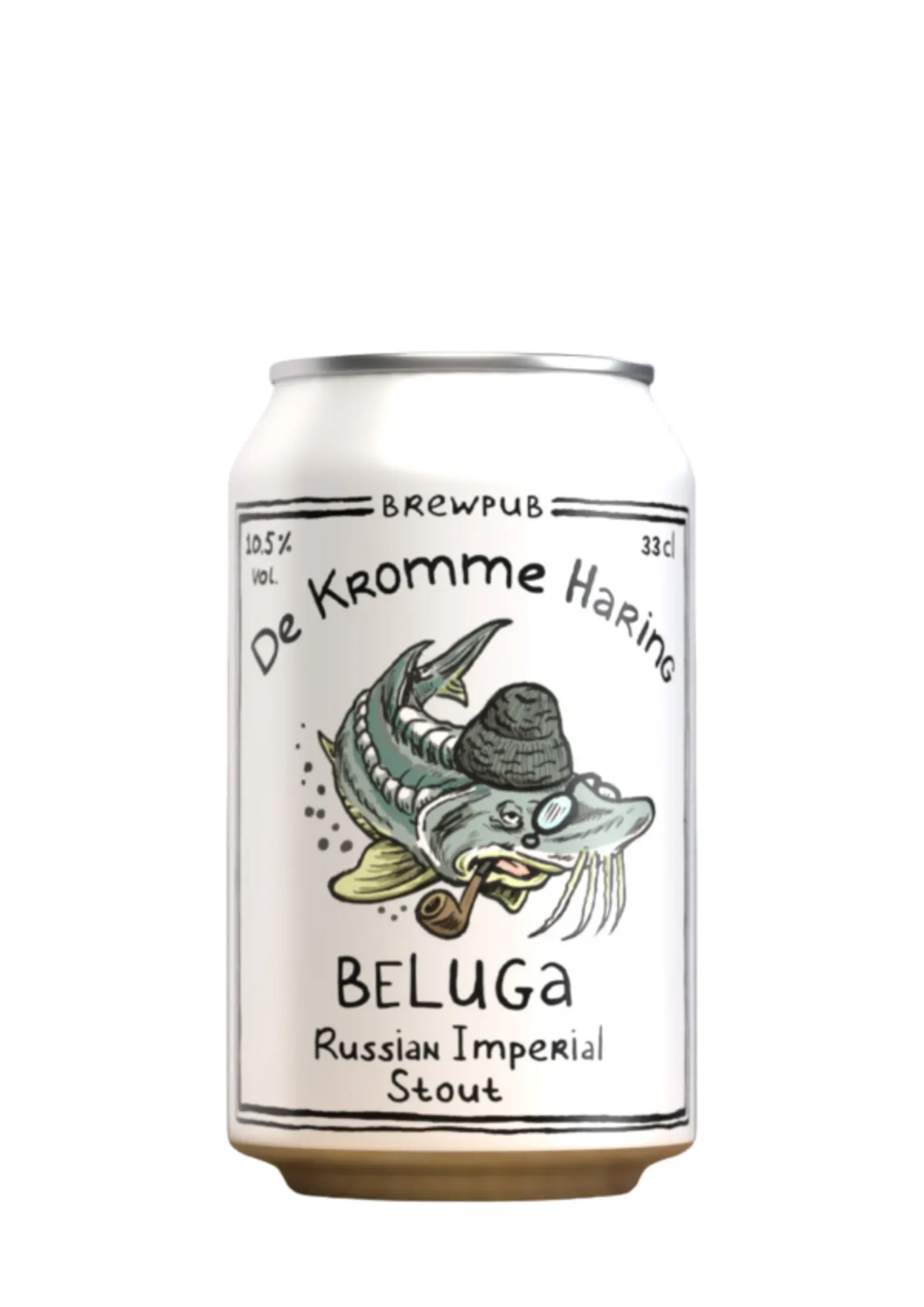 Blik Beluga bier van De Kromme Haring, 10,5% Russian Imperial Stout met getekende vis met hoed en pijp