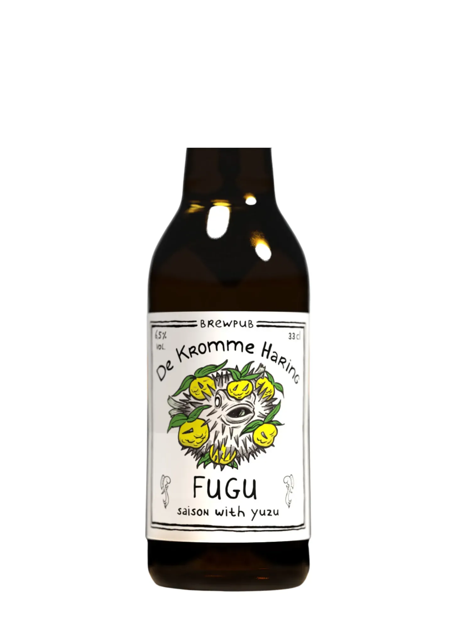 Fles Fugu saison bier met witte label en illustratie van yuzu en vis, fris citrusachtig speciaalbier van De Kromme Haring
