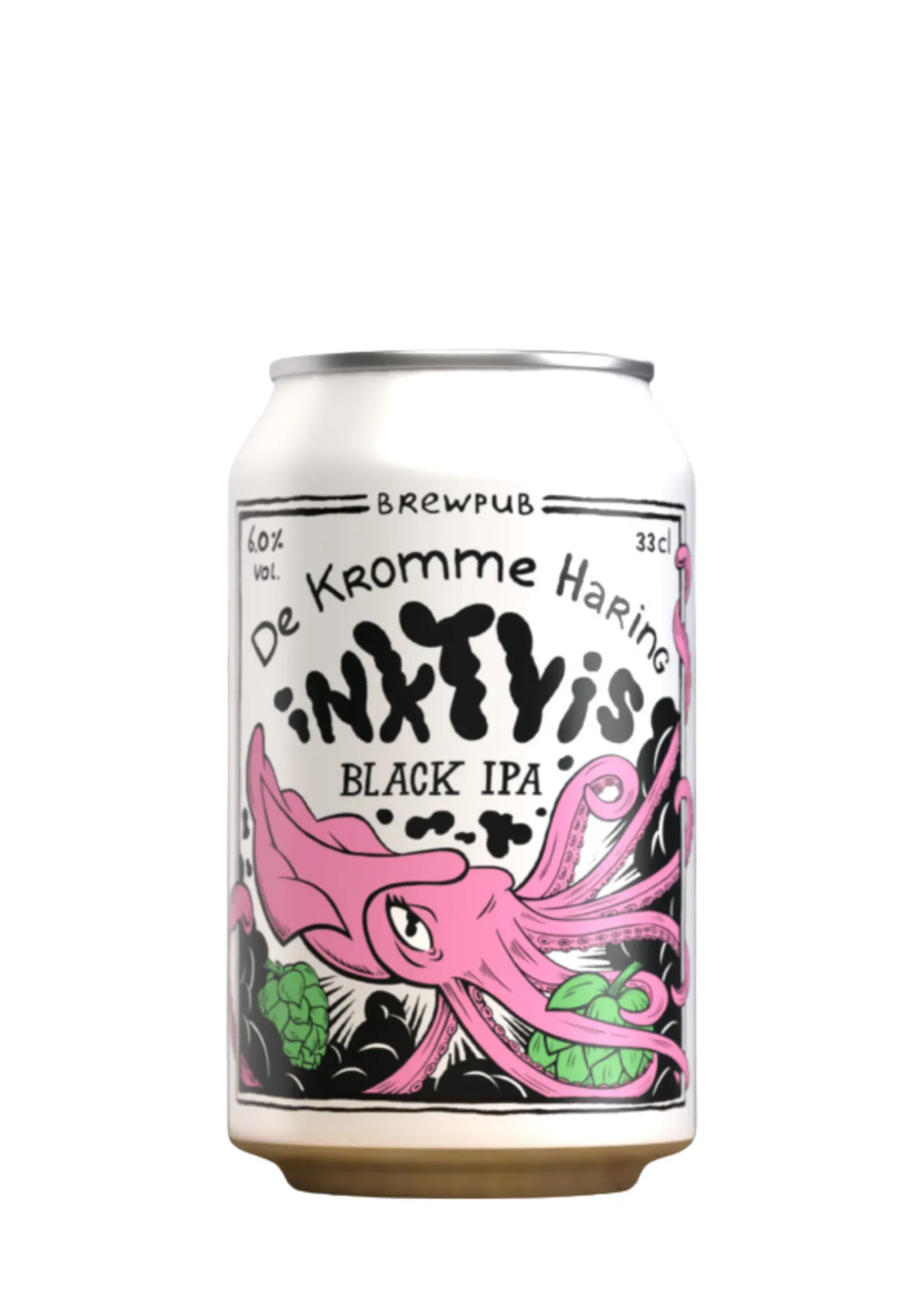Wit blik Inktvis bier van De Kromme Haring met roze octopus, speelse Black IPA bier van 6% met  kruidig bierkarakter.