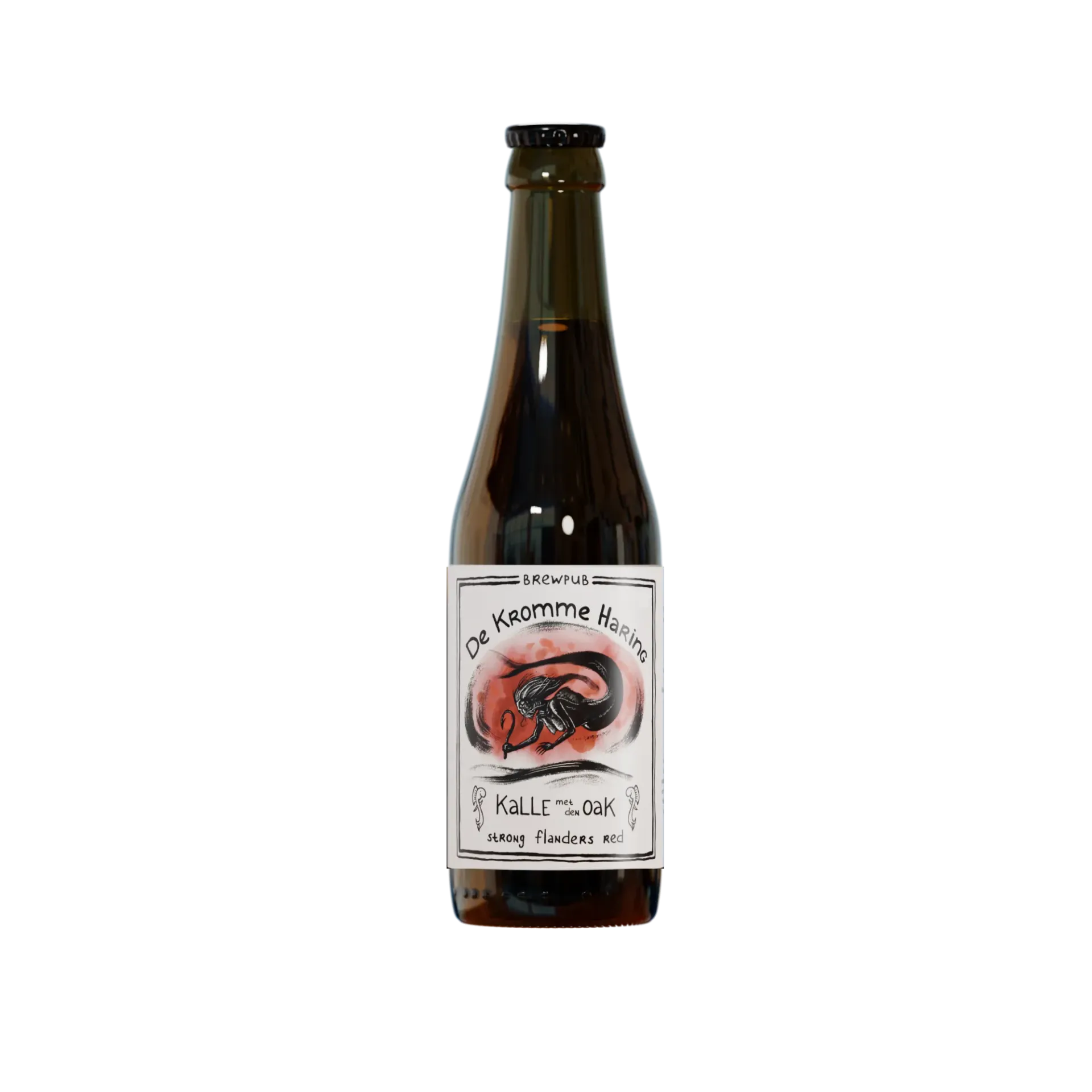 Kalle on Oak bier van De Kromme Haring – sour Flanders red in bier fles met handgetekend etiket en zwarte visillustratie.