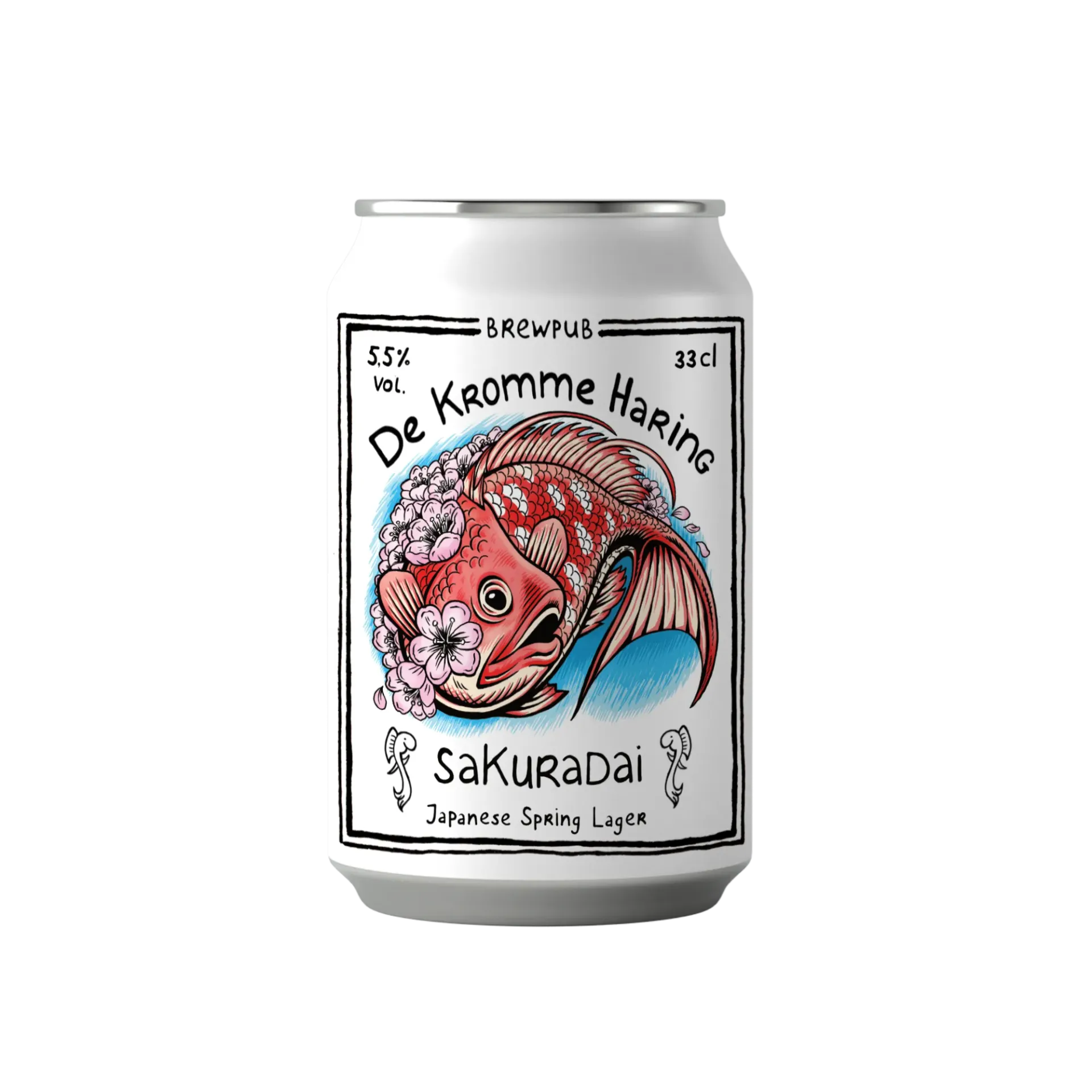 Blikje De Kromme Haring Sakuradai bier, een Japanese Spring Lager van 5,5%, met illustratie van rode vis en bloesem.
