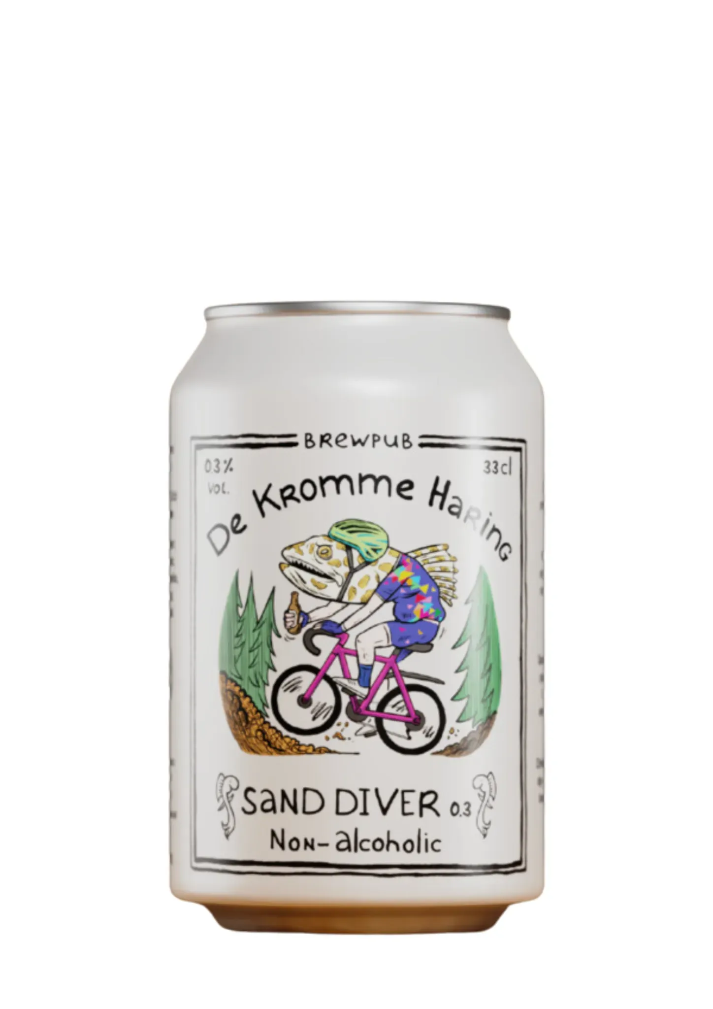 Blik bier Sand Diver 0.3 van De Kromme Haring met getekende vis op fiets, alcoholvrij bier met speelse uitstraling