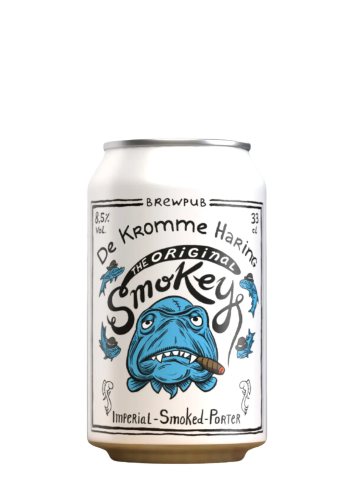 Blik The Original Smokey bier van De Kromme Haring, 8,5% smoked porter met illustratie van een blauwe vis