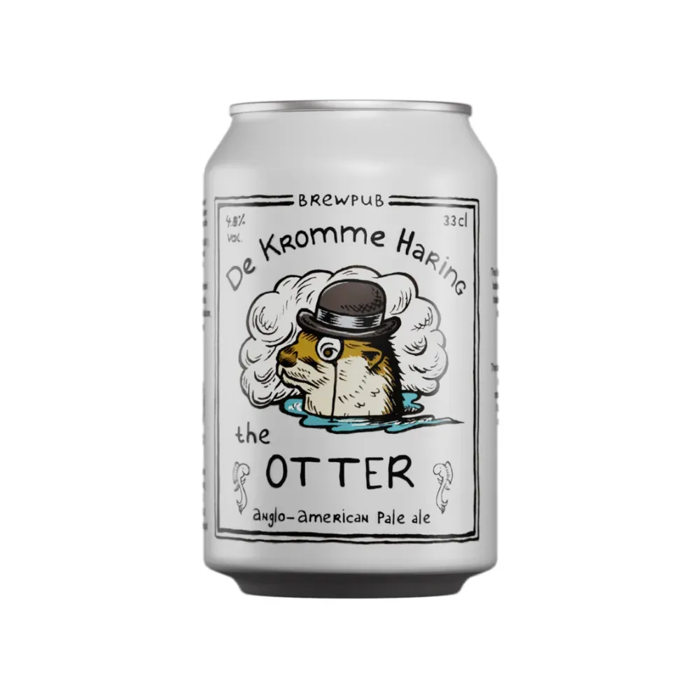 The Otter Pale Ale bier van De Kromme Haring in wit blik met getekende otter met bolhoed – fris Anglo-Amerikaans bier