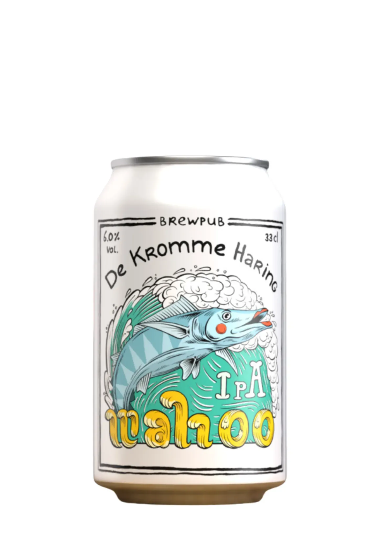 Wit blik Wahoo IPA bier van De Kromme Haring met speelse visillustratie, frisse IPA  bier met 6% alcohol.