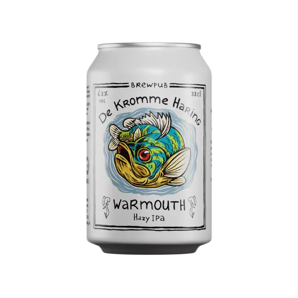 Wit blik Warmouth bier van De Kromme Haring met kleurrijke visillustratie, hazy IPA bier vol karakter en tropisch bieraroma.