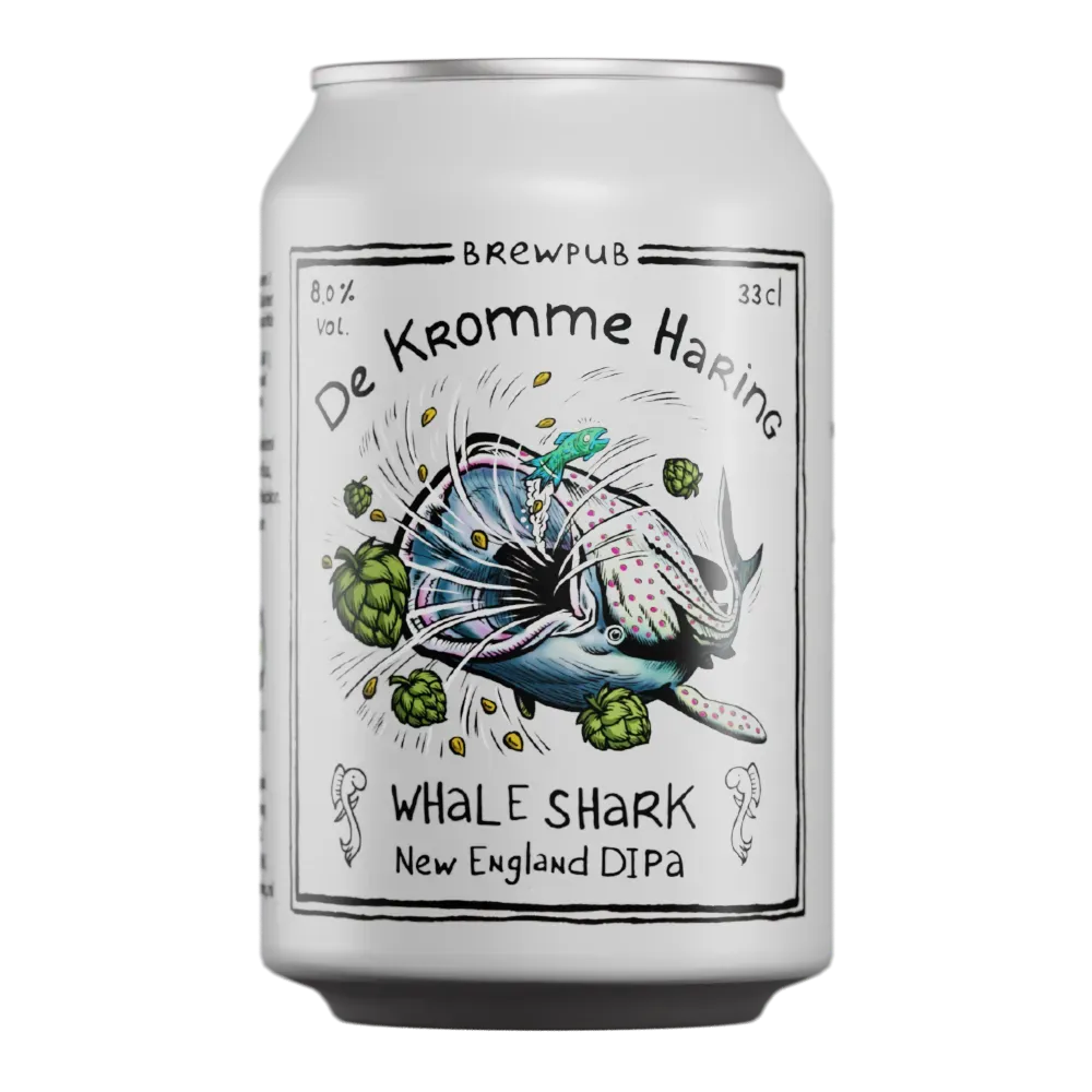 Wit bier blikje met een getekende walvishaai en hopexplosie – Whale Shark is een New England DIPA bier van 8%.