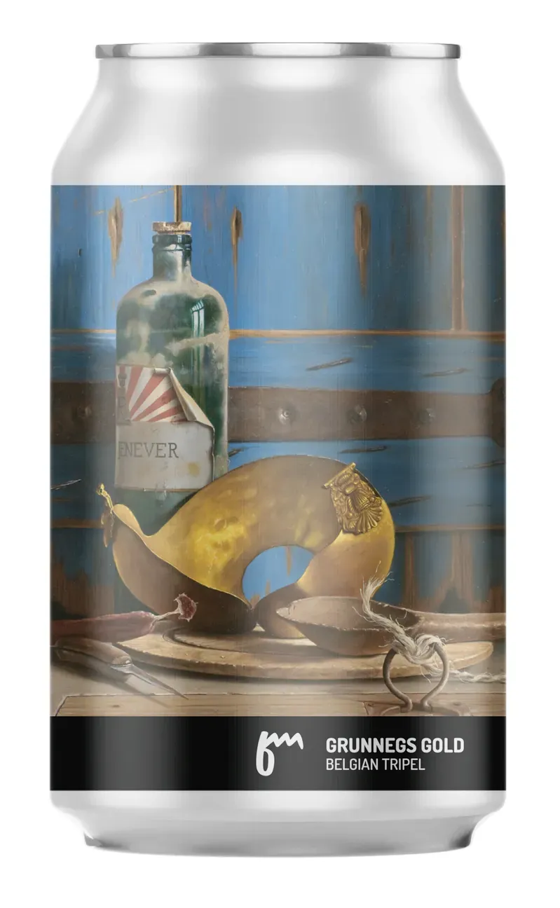 Blik Grunnegs Gold Belgian Tripel van brouwerij Floem. Klassiek stilleven-ontwerp met jeneverfles en gouden hoorn.