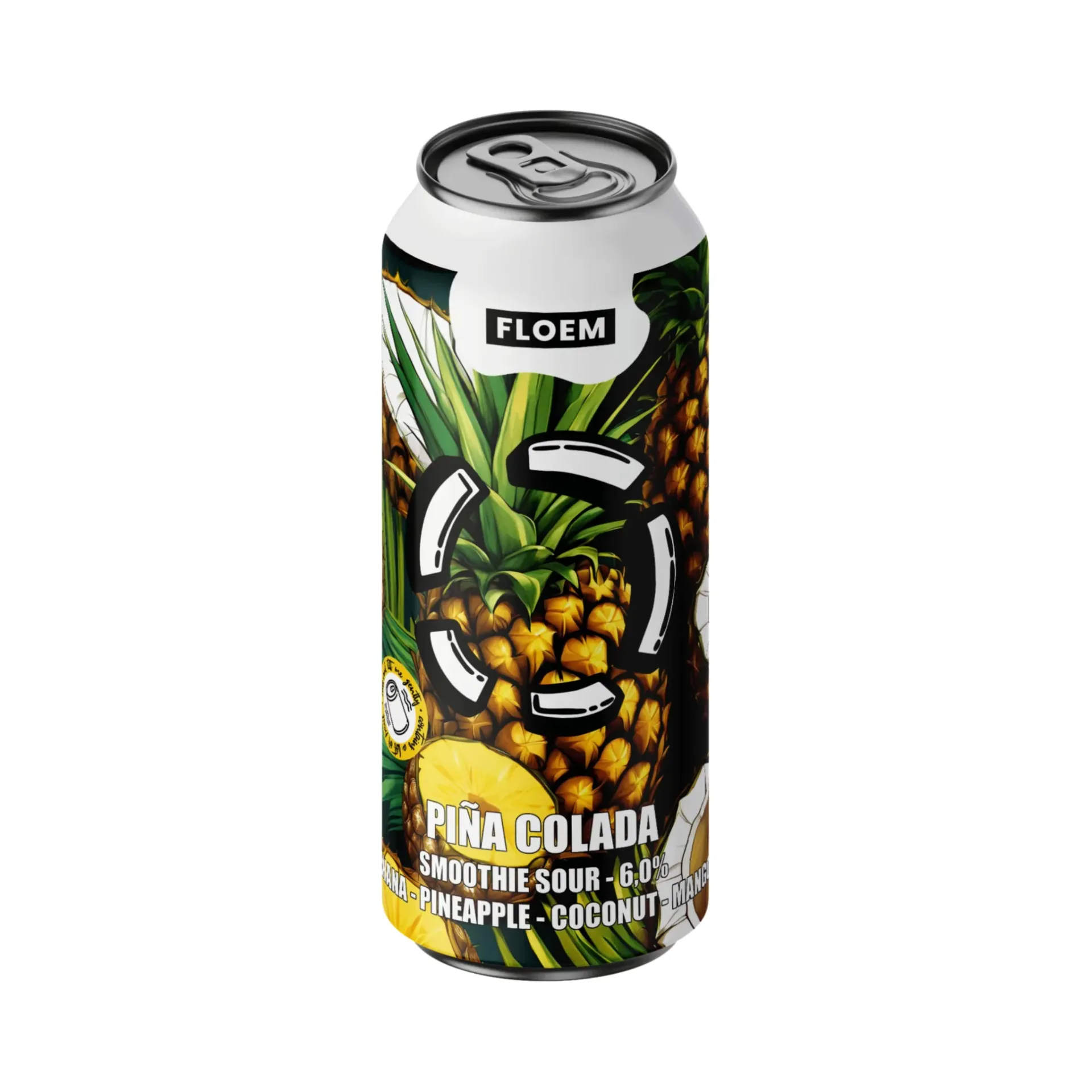 Blik Floem Piña Colada smoothie sour bier met tropisch fruitdesign van ananas, kokos en mango