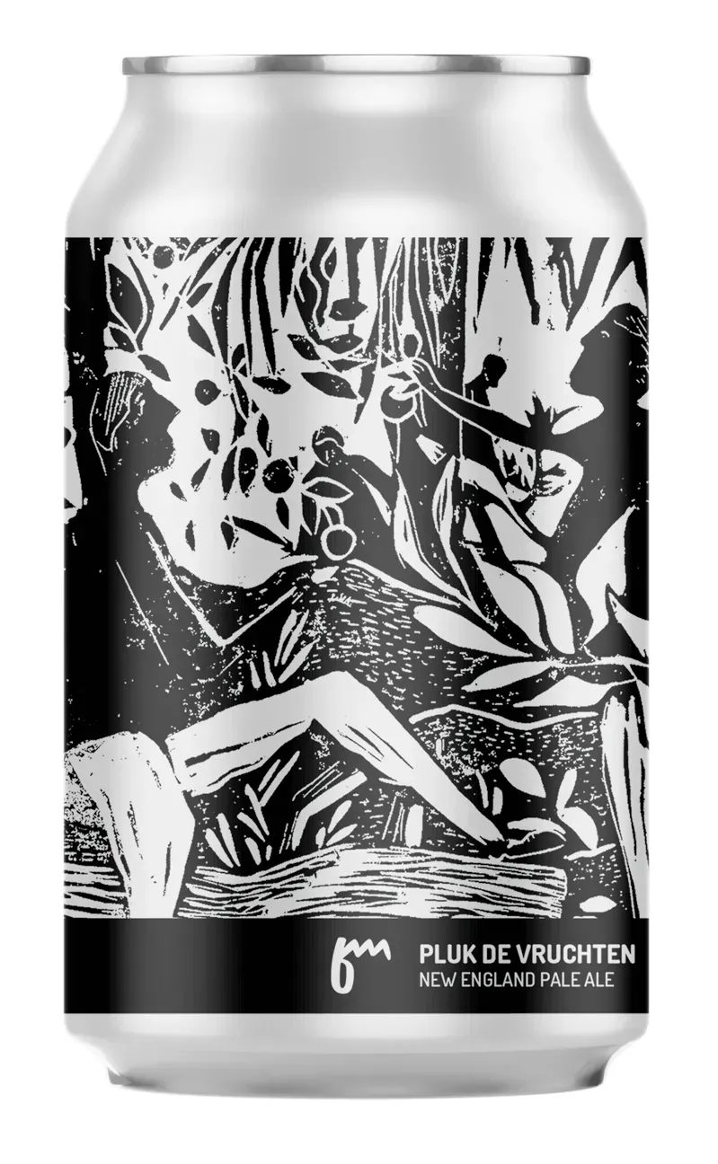 Blik bier Pluk de Vruchten New England Pale Ale met kunstzinnig zwart-wit ontwerp, zomers bier met fruitige flair