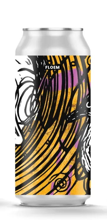 Bier blik van Floem met abstract paarse en oranje achtergrond, zwarte lijntekening en logo bovenaan. IPA bier.