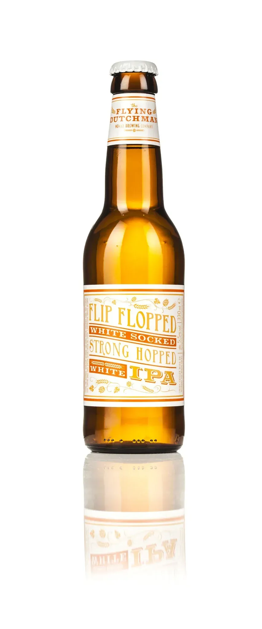Amberkleurige bier fles van The Flying Dutchman met sierlijk etiket, White IPA bier met kruidige en hoppige uitstraling