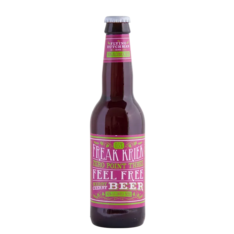 Freak Kriek bier – alcoholvrij kersenbier in donkerrode bier fles met felroze label en speelse feel free uitstraling.