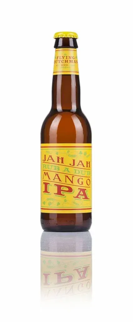 Fles Jah Jah Rub a Dub Mango IPA bier met geel reggae-achtig etiket, tropisch en hoppig bier met frisse mangosmaak