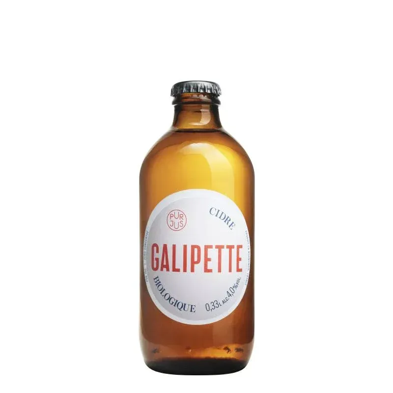 Galipette Cidre Biologique fles van 33cl, helder amberkleurig met wit-rood etiket, Franse biologische cider.